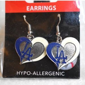 New MLB LA Dodgers Silver/Blue /White Heart Dangle Drop Hook Earrings